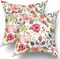 Summer Flower Throw Pillow Covers 18X18 Inch Watercolor Peony Pillowcase Hot Pink Floras With Green Leaves Girly Decorative Square Cotton Cushion Cover Set Of 2 For Home Garden Outdoor Bed Decorations
